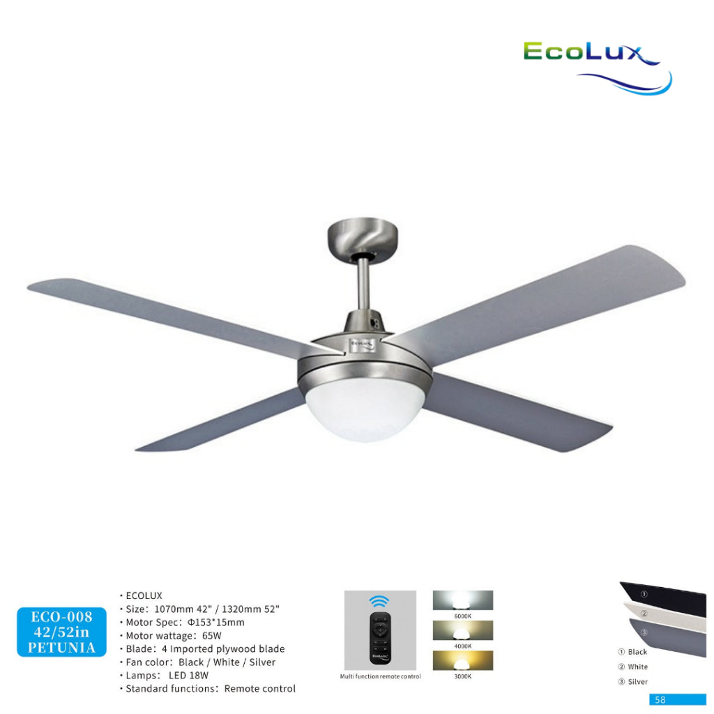 Kipas Lampu Gantung Ecolux PETUNIA 42 / 52 Inch | Ceiling Fan Lamp LED + Remote | Hemat Listrik | Desain Elegan Minimalis