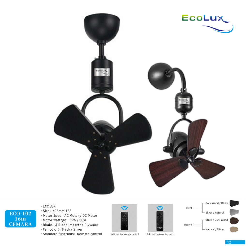 ECOLUX 16 Inch Cemara Kipas Plafon & Kipas Dinding Low Watt | Hemat Listrik | Remote Control | Black / Silver | Baling Oval & Round