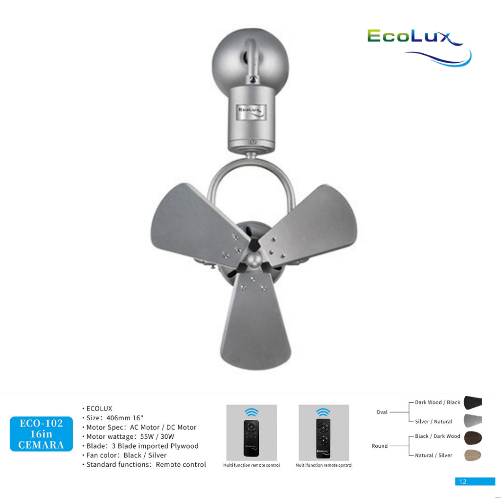 ECOLUX 16 Inch Cemara Kipas Plafon & Kipas Dinding Low Watt | Hemat Listrik | Remote Control | Black / Silver | Baling Oval & Round