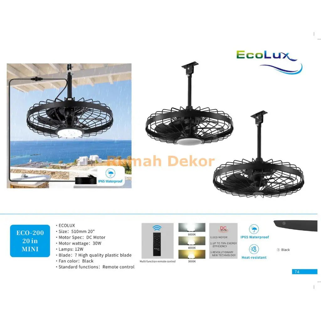 Kipas Plafon 20 Inch Mini Ecolux IP65 Waterproof – DC Motor Hemat Energi + Remote Control - RumahDekor.com