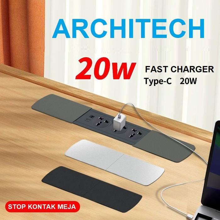 ARCHITECH MJ02 3 Lubang Stop Kontak Universal, USB A+C Fast Charging tipe Meja bentuk Slim Series