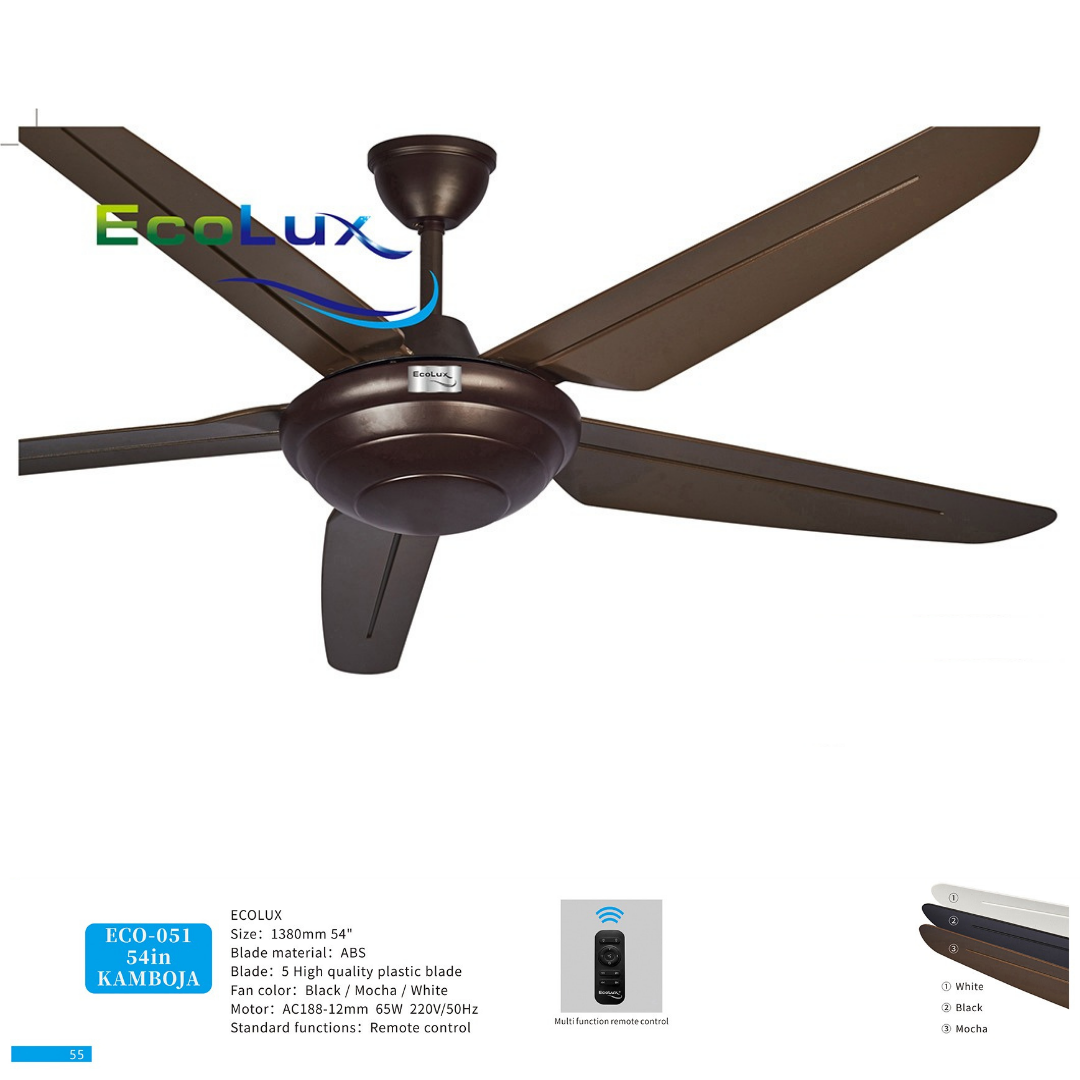 Ecolux Kamboja 54 Inch Ceiling Fan Remote Control | Kipas Angin Gantung Plafon Modern Warna Black, White & Mocha - RumahDekor.com