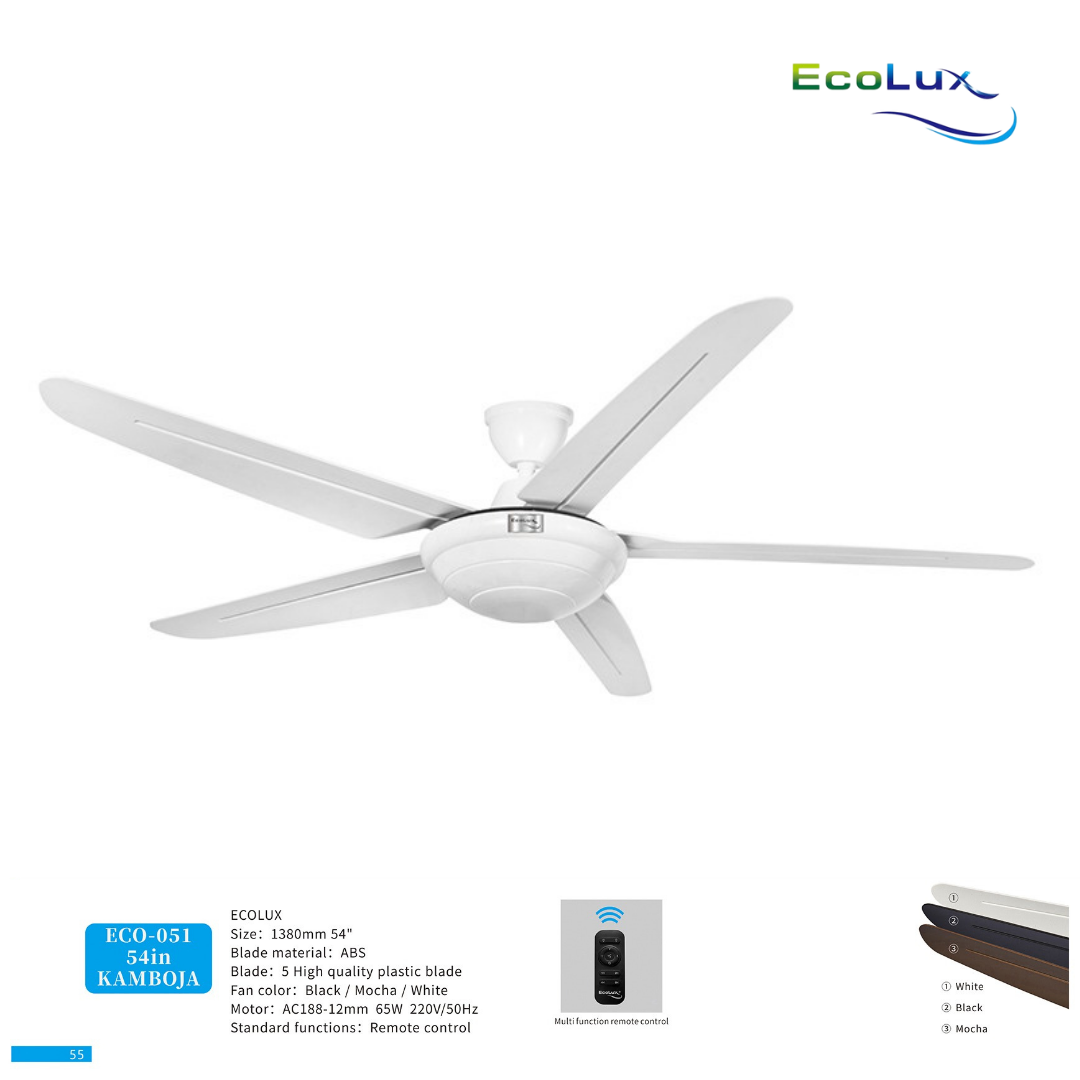 Ecolux Kamboja 54 Inch Ceiling Fan Remote Control | Kipas Angin Gantung Plafon Modern Warna Black, White & Mocha - RumahDekor.com