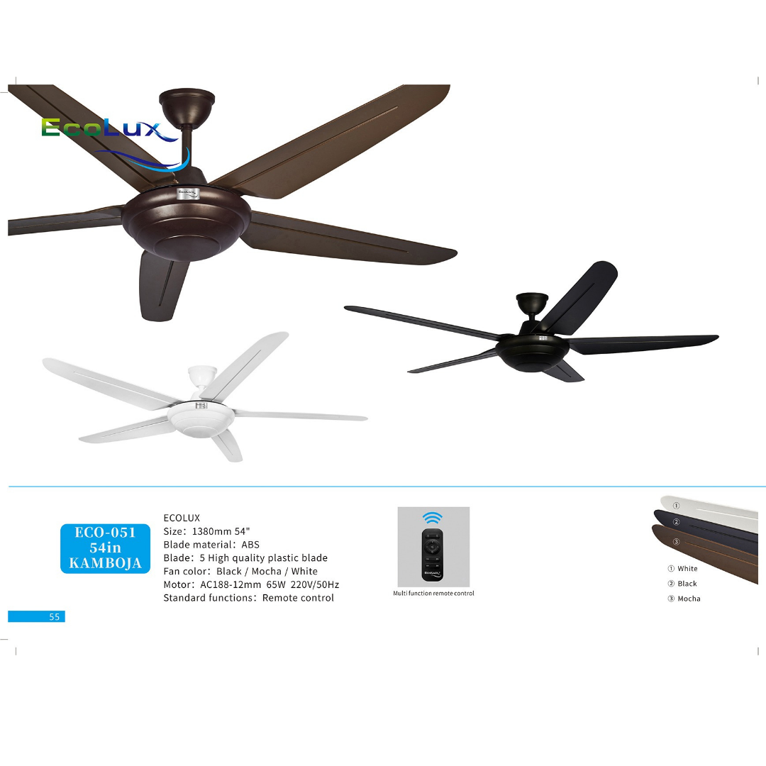Ecolux Kamboja 54 Inch Ceiling Fan Remote Control | Kipas Angin Gantung Plafon Modern Warna Black, White & Mocha