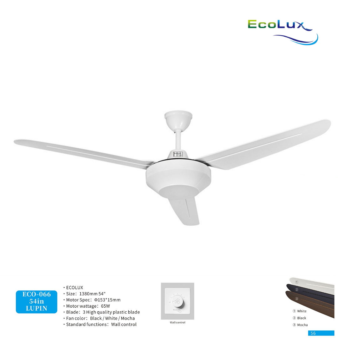 Ecolux Lupin 54 Inch Ceiling Fan Wall Control | Kipas Angin Gantung Plafon Modern Warna Black, White & Mocha