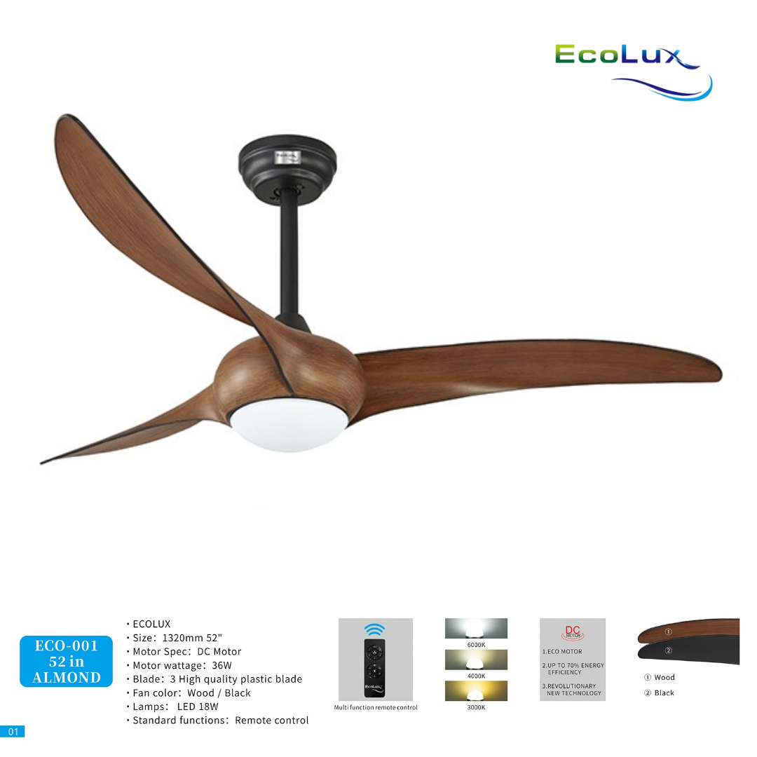 Ecolux 52IN ALMOND Ceiling Fan dengan motor DC Remote Control