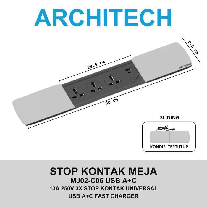 ARCHITECH MJ02 3 Lubang Stop Kontak Universal, USB A+C Fast Charging tipe Meja bentuk Slim Series - RumahDekor.com