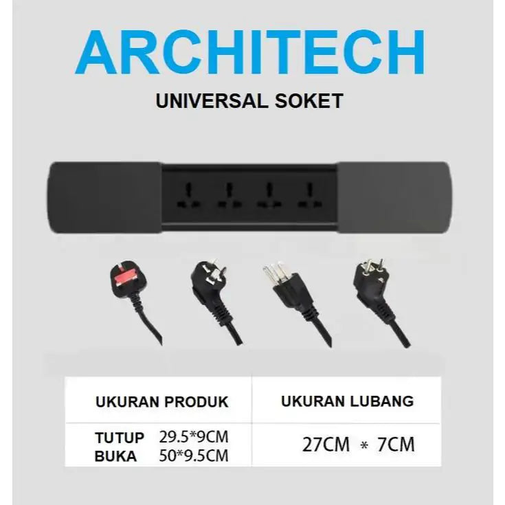ARCHITECH MJ02 3 Lubang Stop Kontak Universal, USB A+C Fast Charging tipe Meja bentuk Slim Series - RumahDekor.com
