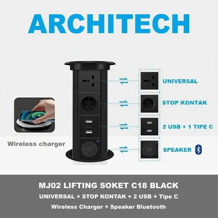 ARCHITECH MJ02 Lifting Socket Stop Kontak Meja | Pop Up Socket Meja Tanam | Hidden Desk Power Socket | Stop Kontak Meja Kantor Modern - RumahDekor.com