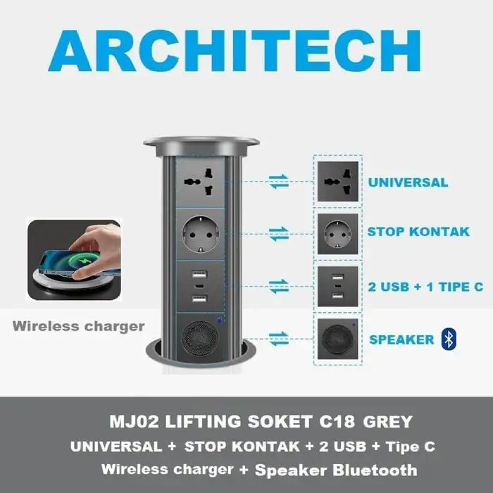 ARCHITECH MJ02 Lifting Socket Stop Kontak Meja | Pop Up Socket Meja Tanam | Hidden Desk Power Socket | Stop Kontak Meja Kantor Modern - RumahDekor.com