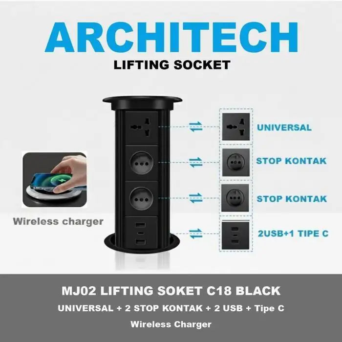 ARCHITECH MJ02 Lifting Socket Stop Kontak Meja | Pop Up Socket Meja Tanam | Hidden Desk Power Socket | Stop Kontak Meja Kantor Modern - RumahDekor.com