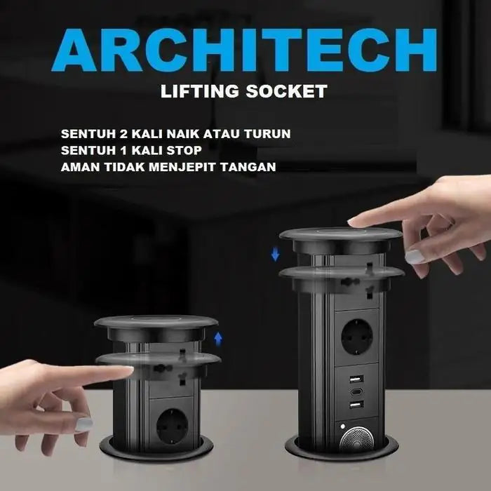 ARCHITECH MJ02 Lifting Socket Stop Kontak Meja | Pop Up Socket Meja Tanam | Hidden Desk Power Socket | Stop Kontak Meja Kantor Modern - RumahDekor.com