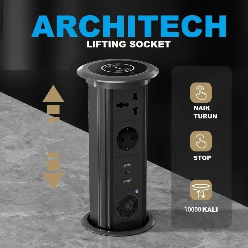 ARCHITECH MJ02 Lifting Socket Stop Kontak Meja | Pop Up Socket Meja Tanam | Hidden Desk Power Socket | Stop Kontak Meja Kantor Modern - RumahDekor.com