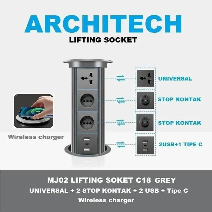 ARCHITECH MJ02 Lifting Socket Stop Kontak Meja | Pop Up Socket Meja Tanam | Hidden Desk Power Socket | Stop Kontak Meja Kantor Modern - RumahDekor.com