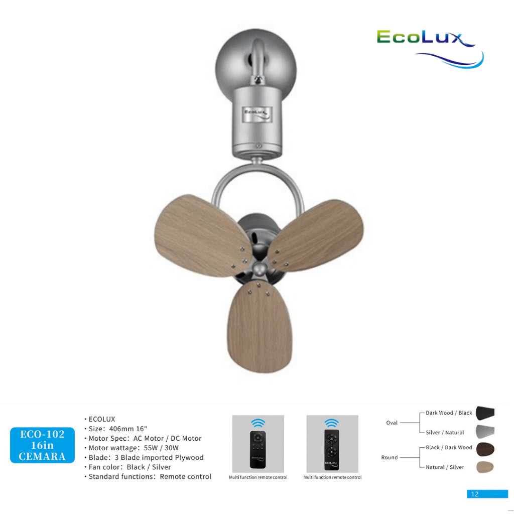 ECOLUX 16 Inch Cemara Kipas Plafon & Kipas Dinding Low Watt | Hemat Listrik | Remote Control | Black / Silver | Baling Oval & Round