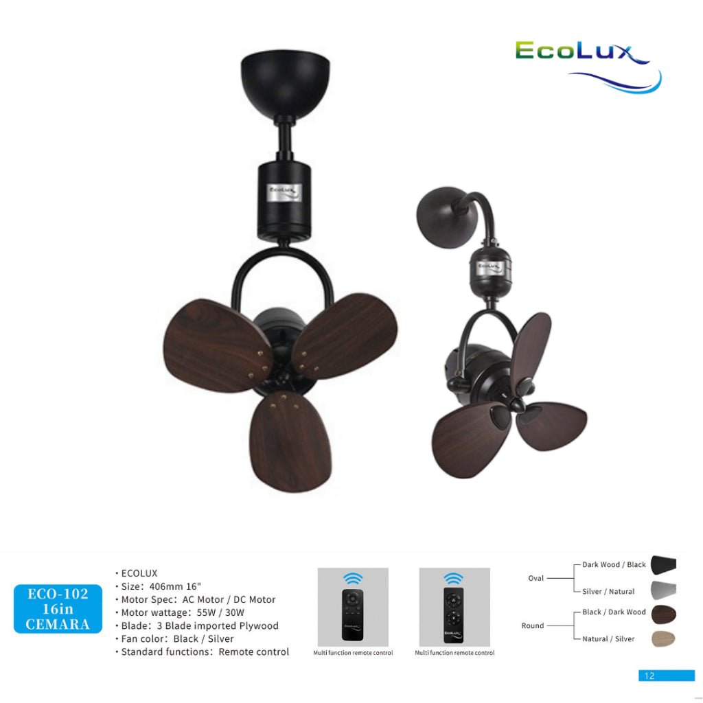 ECOLUX 16 Inch Cemara Kipas Plafon & Kipas Dinding Low Watt | Hemat Listrik | Remote Control | Black / Silver | Baling Oval & Round - RumahDekor.com
