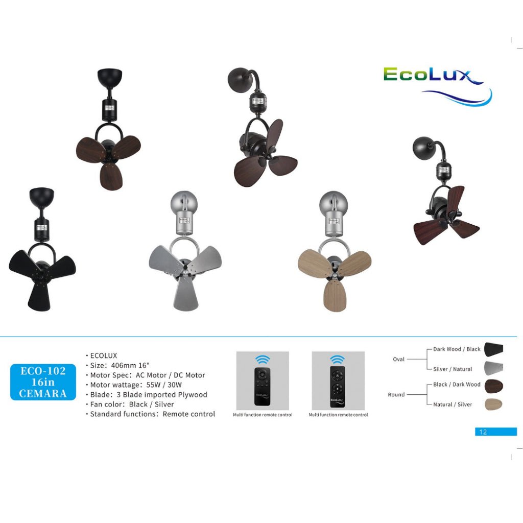 ECOLUX 16 Inch Cemara Kipas Plafon & Kipas Dinding Low Watt | Hemat Listrik | Remote Control | Black / Silver | Baling Oval & Round - RumahDekor.com