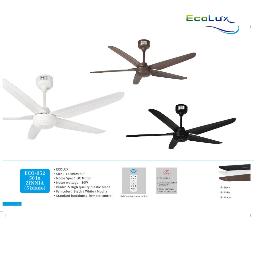 Ecolux 50IN Zinnia DC Ceiling Fan 5 Blade + Remote | Kipas Plafon Hemat Listrik Black White Mocha - RumahDekor.com