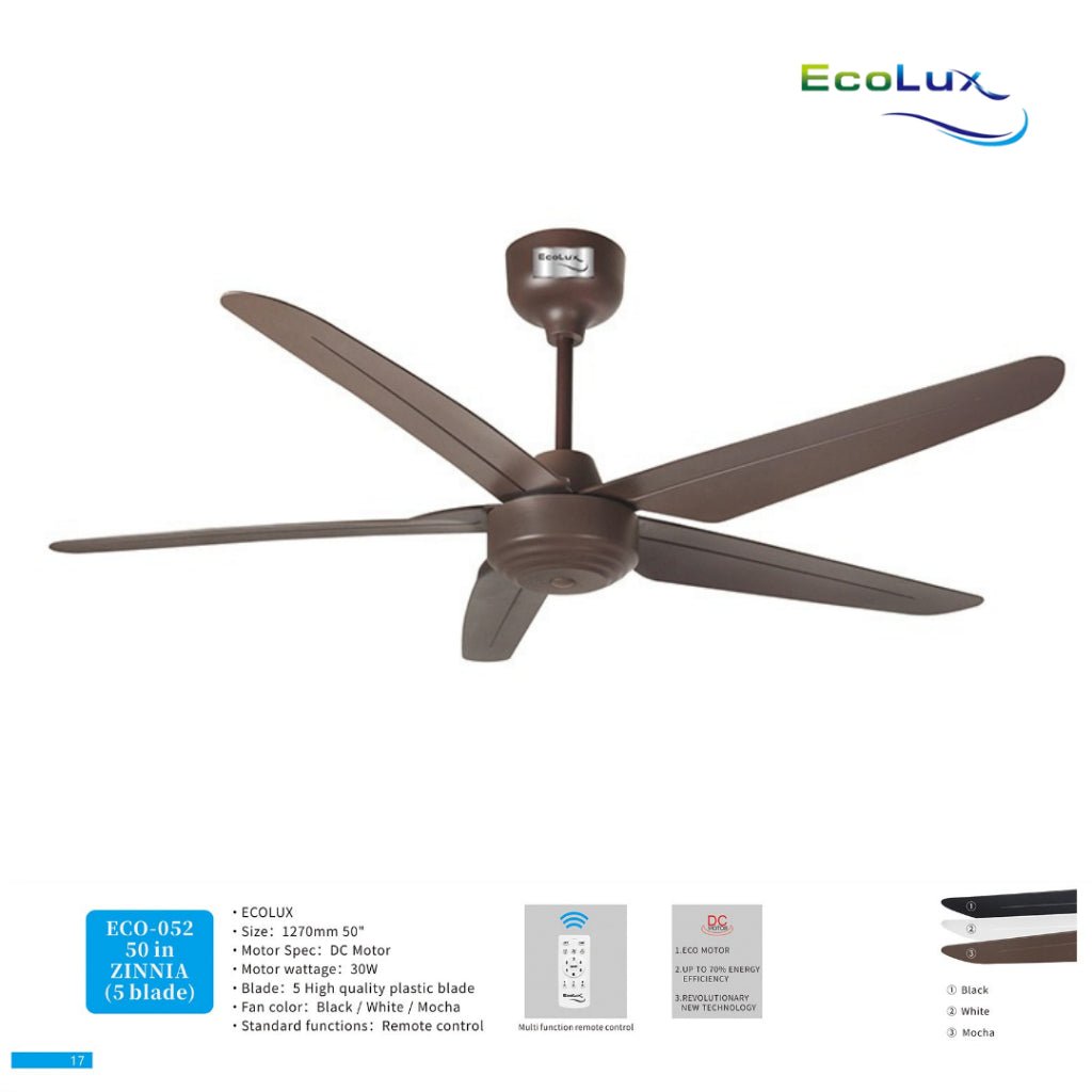 Ecolux 50IN Zinnia DC Ceiling Fan 5 Blade + Remote | Kipas Plafon Hemat Listrik Black White Mocha - RumahDekor.com
