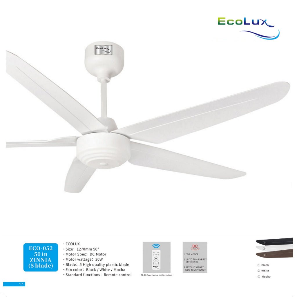 Ecolux 50IN Zinnia DC Ceiling Fan 5 Blade + Remote | Kipas Plafon Hemat Listrik Black White Mocha - RumahDekor.com