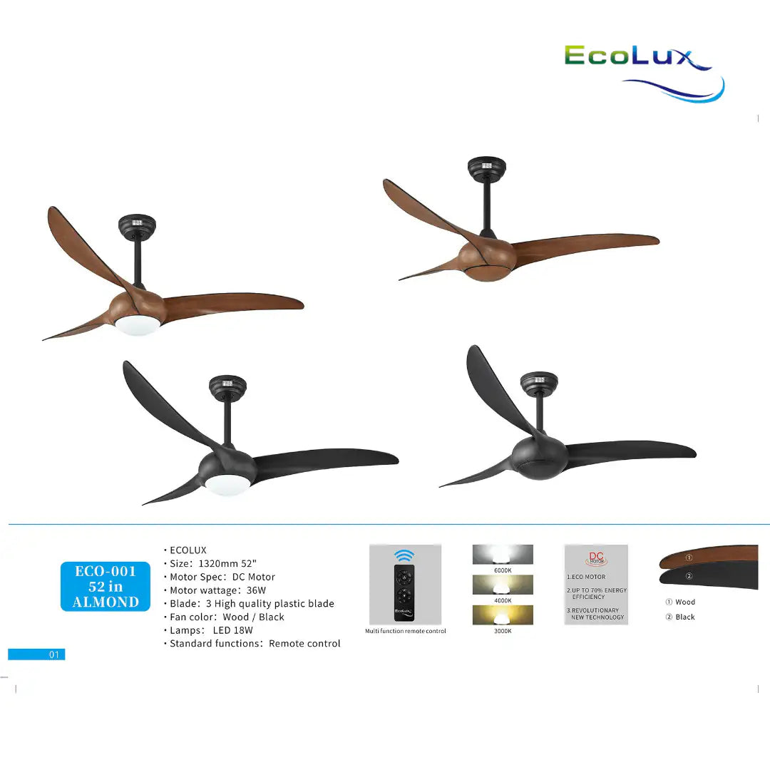 Ecolux 52IN ALMOND Ceiling Fan dengan motor DC Remote Control - RumahDekor.com