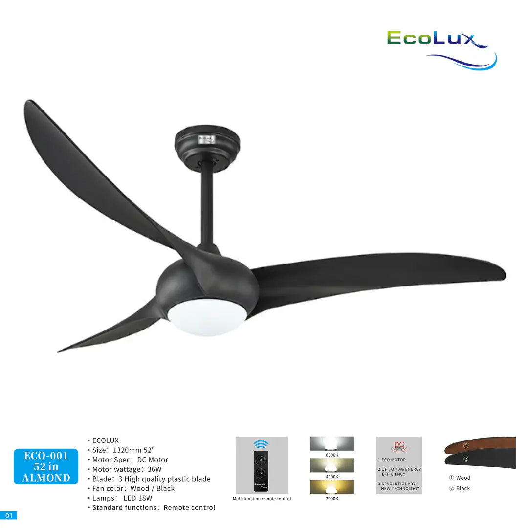 Ecolux 52IN ALMOND Ceiling Fan dengan motor DC Remote Control - RumahDekor.com