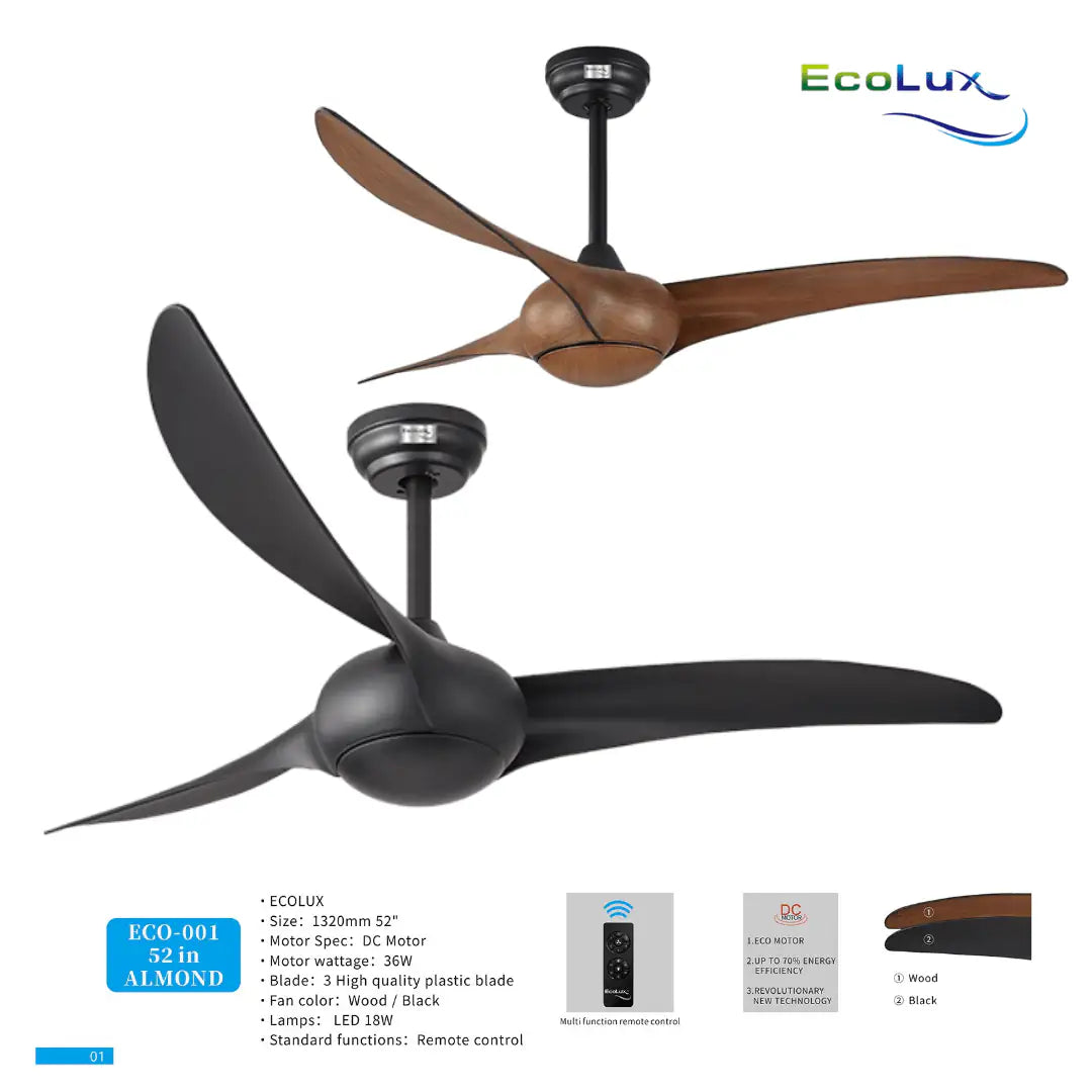Ecolux 52IN ALMOND Ceiling Fan dengan motor DC Remote Control - RumahDekor.com