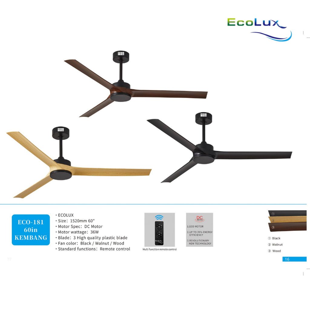 Ecolux 60IN Kembang DC Ceiling Fan Remote | Kipas Plafon Motor DC Hemat Listrik Black Walnut Wood - RumahDekor.com