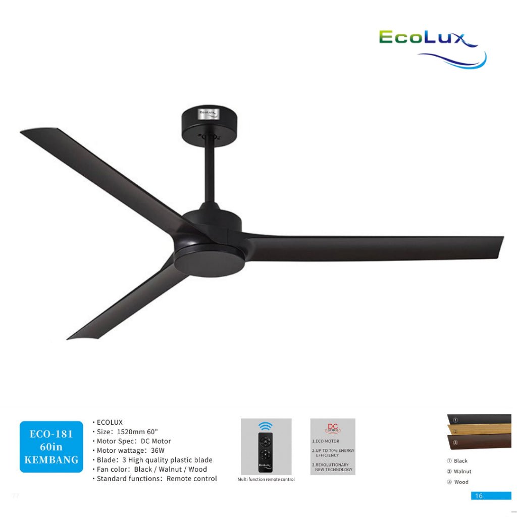 Ecolux 60IN Kembang DC Ceiling Fan Remote | Kipas Plafon Motor DC Hemat Listrik Black Walnut Wood - RumahDekor.com
