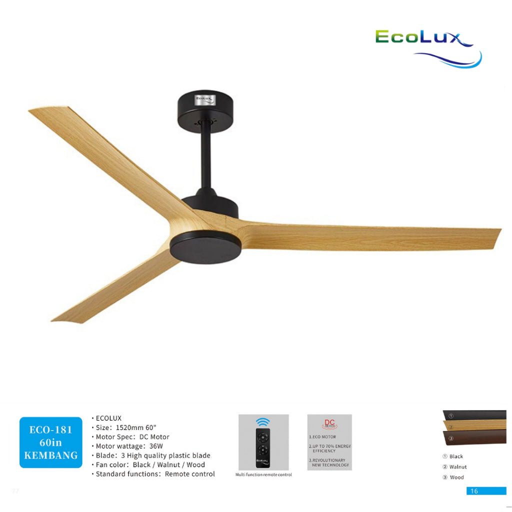 Ecolux 60IN Kembang DC Ceiling Fan Remote | Kipas Plafon Motor DC Hemat Listrik Black Walnut Wood - RumahDekor.com