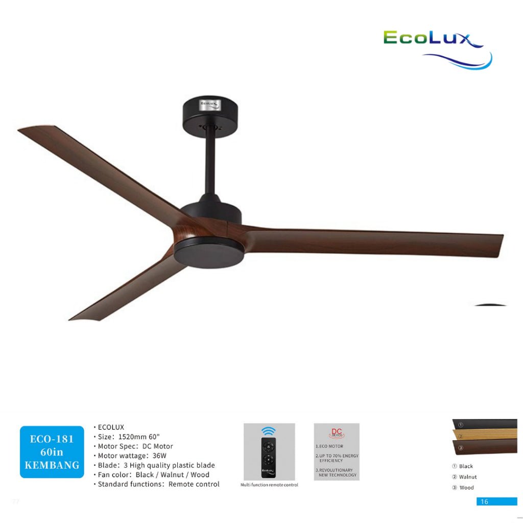 Ecolux 60IN Kembang DC Ceiling Fan Remote | Kipas Plafon Motor DC Hemat Listrik Black Walnut Wood - RumahDekor.com