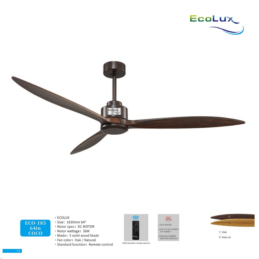 Ecolux 64IN COCO Ceiling Fan 3 Baling Kayu Oak & Natural | Kipas Angin Plafon Gantung Mewah Estetik - RumahDekor.com