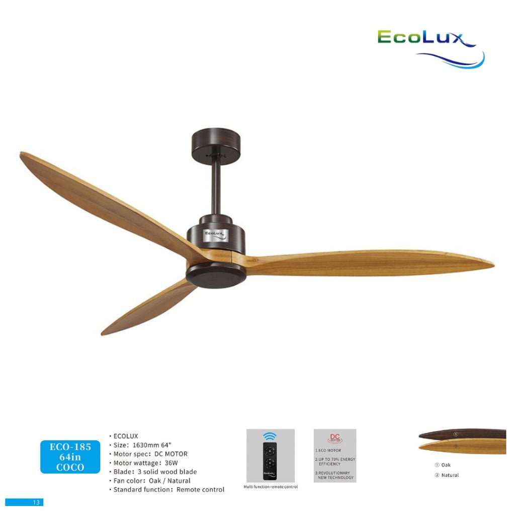Ecolux 64IN COCO Ceiling Fan 3 Baling Kayu Oak & Natural | Kipas Angin Plafon Gantung Mewah Estetik - RumahDekor.com