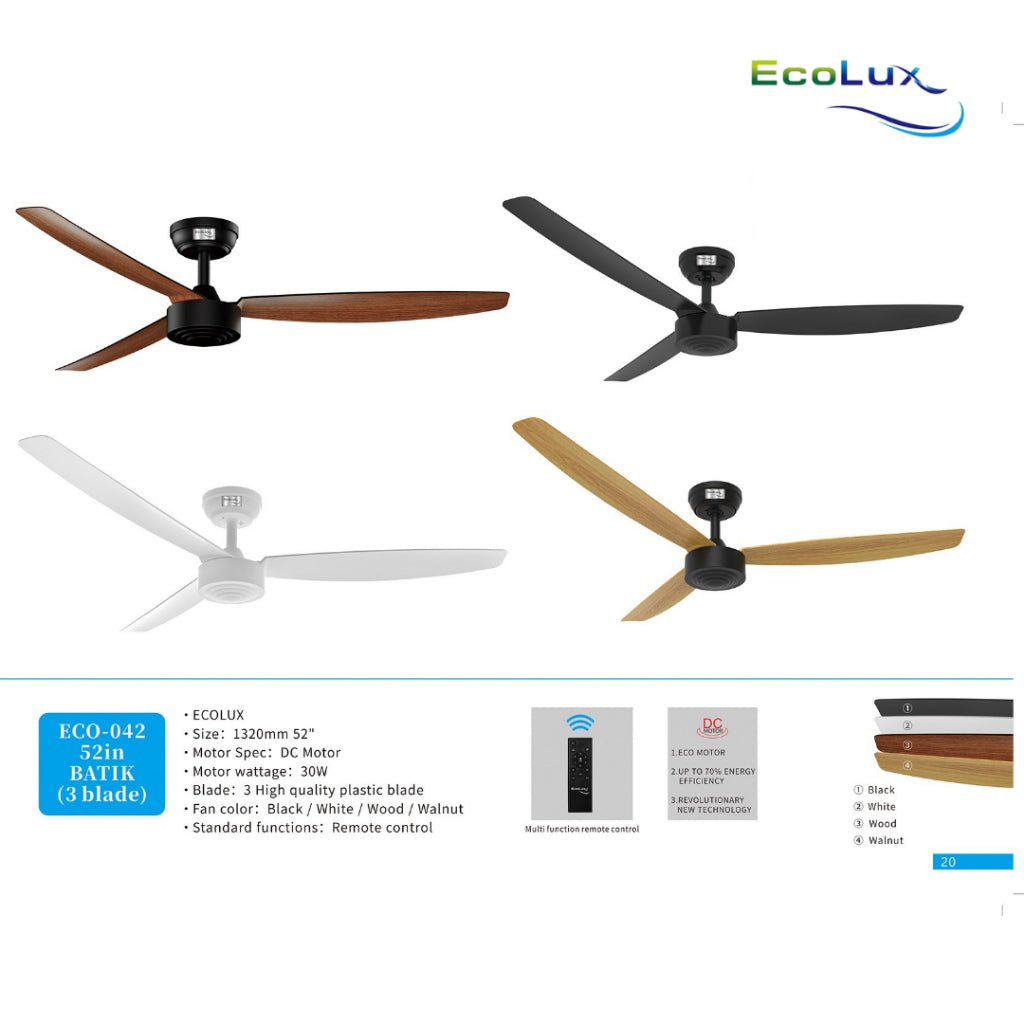 Ecolux Batik 52IN Ceiling Fan 3 Blade + Remote | Kipas Plafon Estetik Black White Walnut Wood - RumahDekor.com