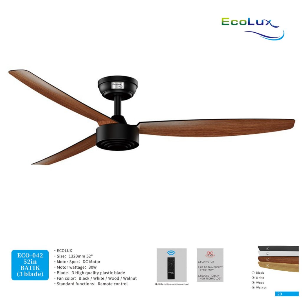Ecolux Batik 52IN Ceiling Fan 3 Blade + Remote | Kipas Plafon Estetik Black White Walnut Wood - RumahDekor.com