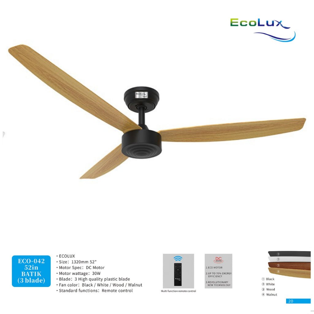 Ecolux Batik 52IN Ceiling Fan 3 Blade + Remote | Kipas Plafon Estetik Black White Walnut Wood - RumahDekor.com