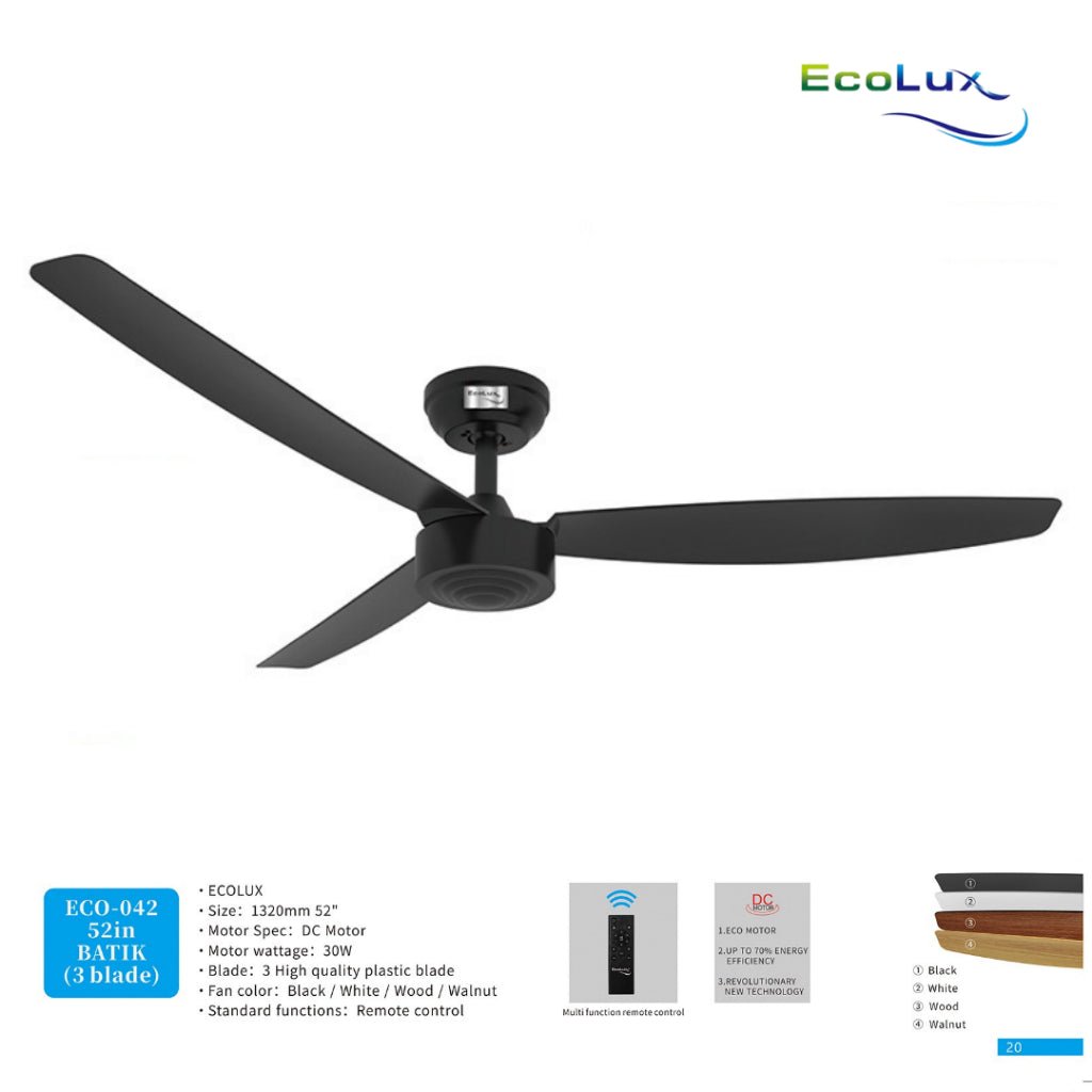 Ecolux Batik 52IN Ceiling Fan 3 Blade + Remote | Kipas Plafon Estetik Black White Walnut Wood - RumahDekor.com