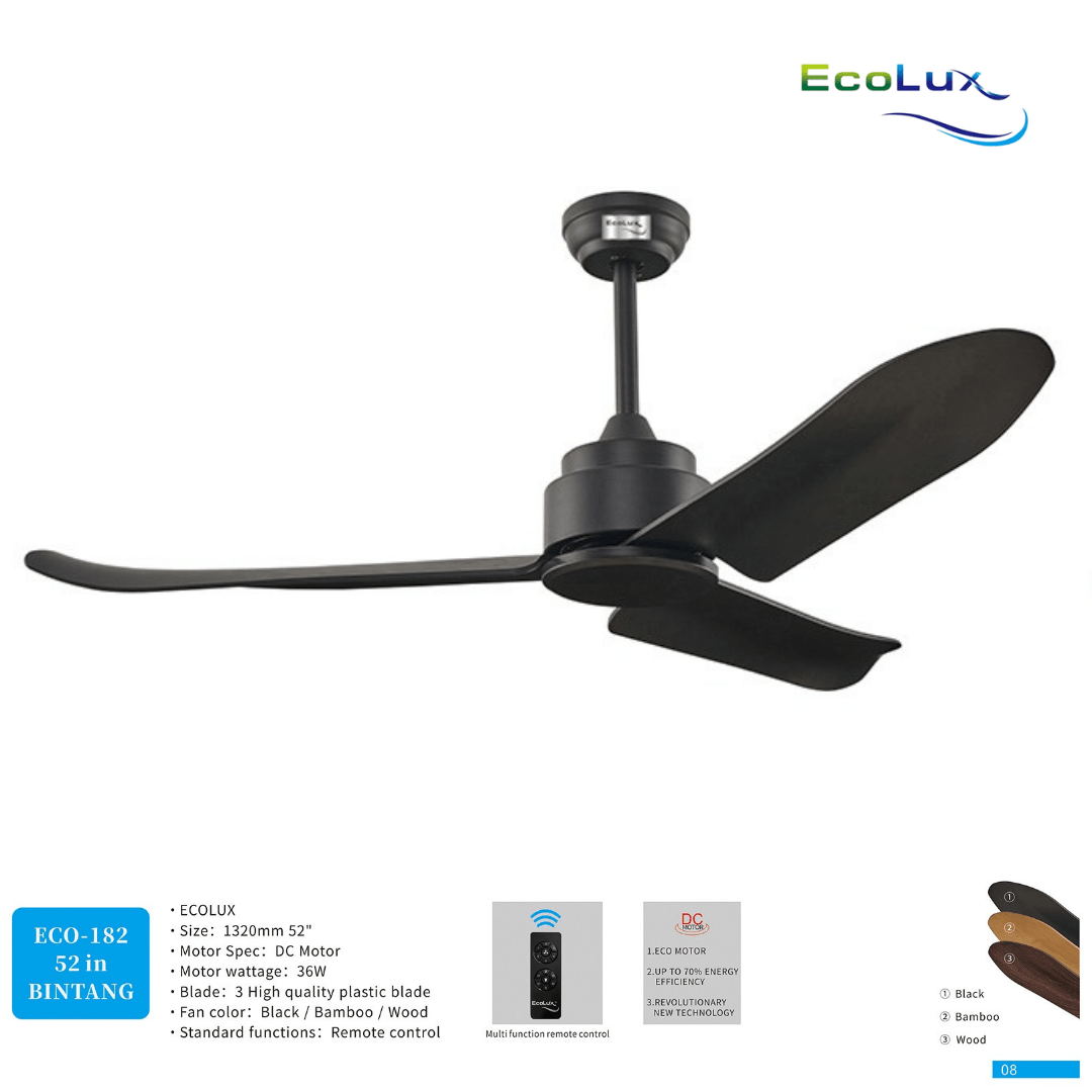 Ecolux Bintang 52 Inch Kipas Angin Plafon Motor DC Remote Control | Ceiling Fan Hemat Listrik Black Bamboo Wood - RumahDekor.com