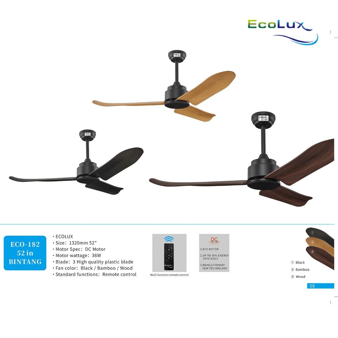 Ecolux Bintang 52 Inch Kipas Angin Plafon Motor DC Remote Control | Ceiling Fan Hemat Listrik Black Bamboo Wood - RumahDekor.com