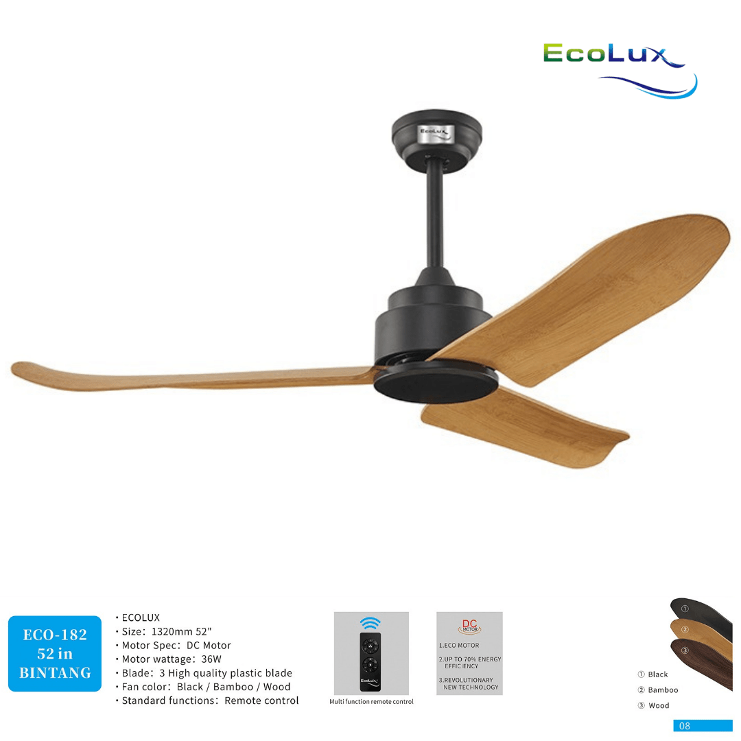 Ecolux Bintang 52 Inch Kipas Angin Plafon Motor DC Remote Control | Ceiling Fan Hemat Listrik Black Bamboo Wood - RumahDekor.com