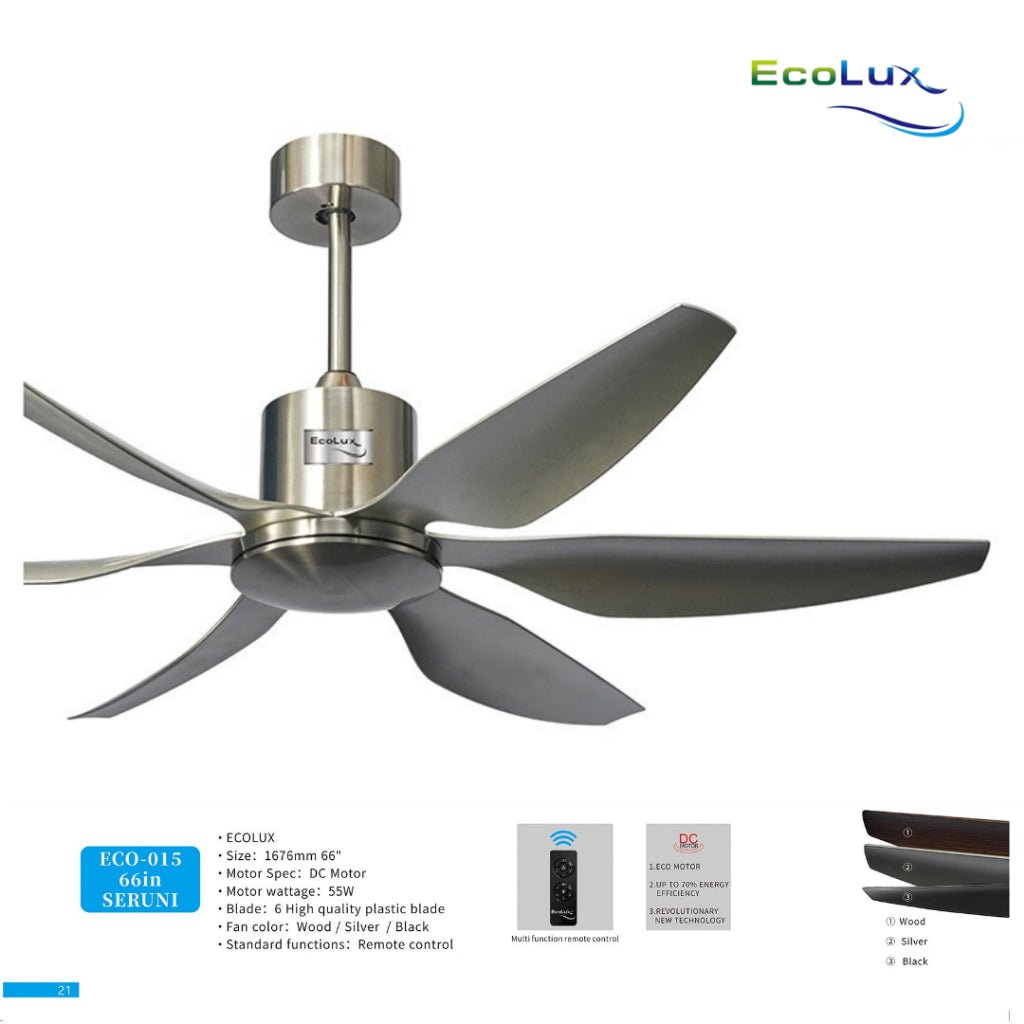 Ecolux Seruni 66IN DC Ceiling Fan + Remote | Kipas Plafon Besar Hemat Listrik Silver Black Wood - RumahDekor.com