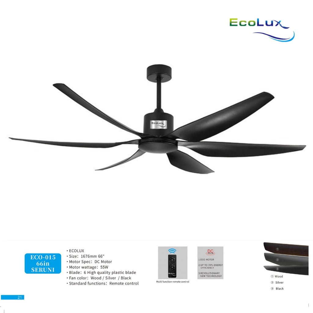 Ecolux Seruni 66IN DC Ceiling Fan + Remote | Kipas Plafon Besar Hemat Listrik Silver Black Wood - RumahDekor.com