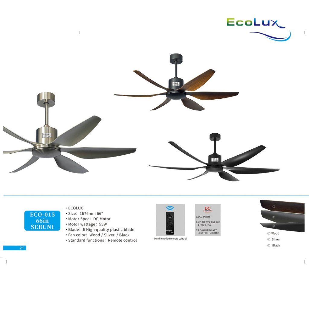 Ecolux Seruni 66IN DC Ceiling Fan + Remote | Kipas Plafon Besar Hemat Listrik Silver Black Wood - RumahDekor.com