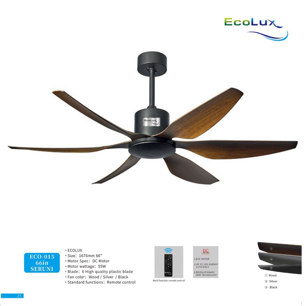 Ecolux Seruni 66IN DC Ceiling Fan + Remote | Kipas Plafon Besar Hemat Listrik Silver Black Wood - RumahDekor.com