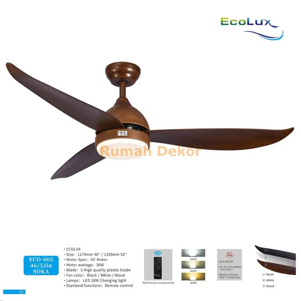 Ecolux Soka Ceiling Fan 46 / 52 Inch – Premium Motor, Putaran Stabil, Elegan & Tahan Lama - RumahDekor.com