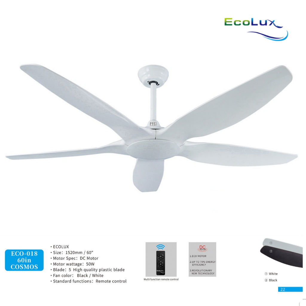 Ecolux Cosmos 60IN DC Ceiling Fan + Remote | Kipas Plafon Hemat Listrik Black White