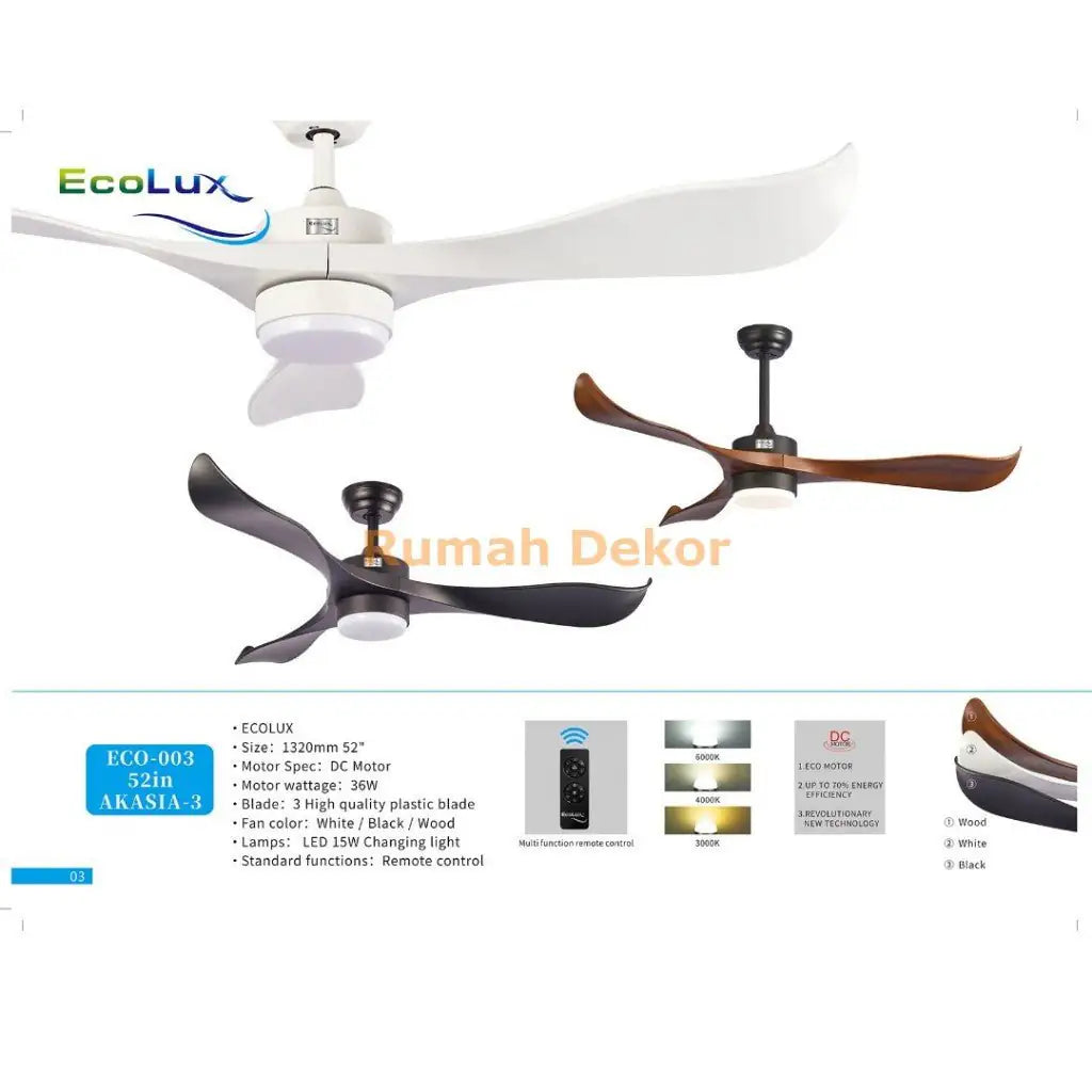 Kipas Angin Plafon Ecolux AKASIA 52 Inch – Ceiling Fan Gantung Elegan, Motor Kuat & Hemat Listrik - RumahDekor.com