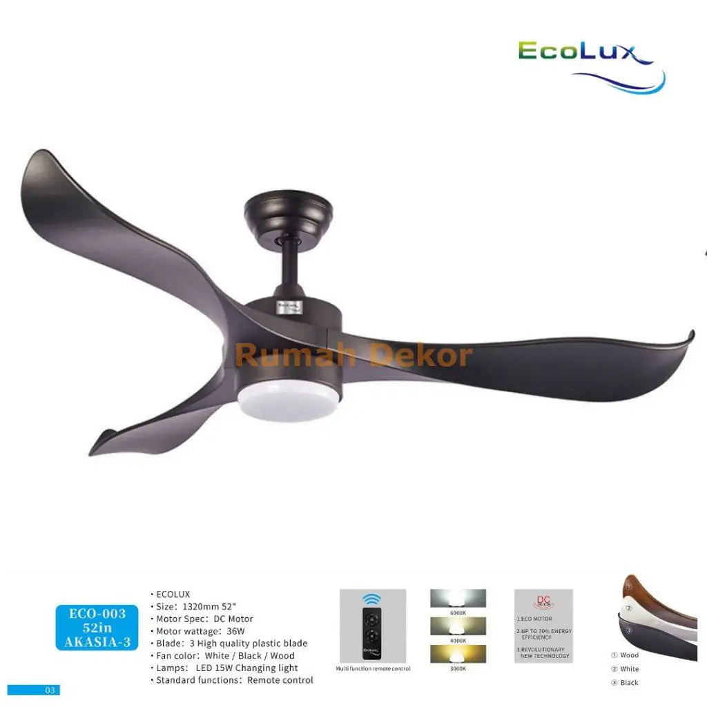 Kipas Angin Plafon Ecolux AKASIA 52 Inch – Ceiling Fan Gantung Elegan, Motor Kuat & Hemat Listrik - RumahDekor.com