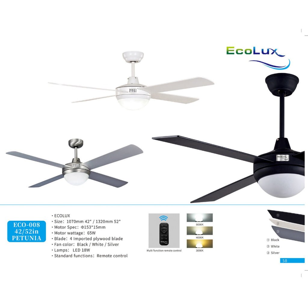 Kipas Lampu Gantung Ecolux PETUNIA 42 / 52 Inch | Ceiling Fan Lamp LED + Remote | Hemat Listrik | Desain Elegan Minimalis - RumahDekor.com