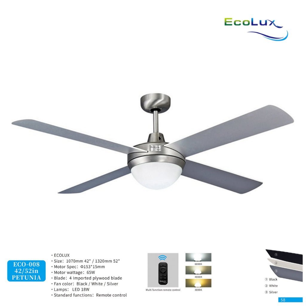 Kipas Lampu Gantung Ecolux PETUNIA 42 / 52 Inch | Ceiling Fan Lamp LED + Remote | Hemat Listrik | Desain Elegan Minimalis - RumahDekor.com